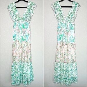 NWT HOUSE HARLOW 70s Floral Eyelet Embroidered Ruffle V-Neck Tiered Maxi Dress S